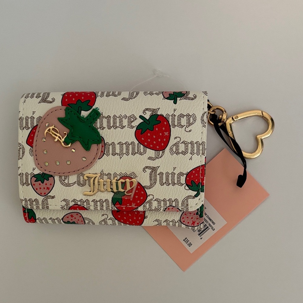 ☀️Juicy Couture Strawberry Trifold Wallet - White with Red & Pink Strawberries